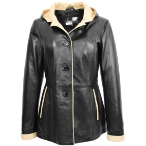 BUNERI Women’s Black and Beige Leather Blazer with Hood