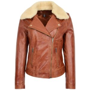 BUNERI Women’s Leather Biker Jacket with Detachable Collar Chestnut