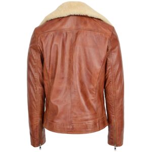 BUNERI Women’s Leather Biker Jacket with Detachable Collar Chestnut