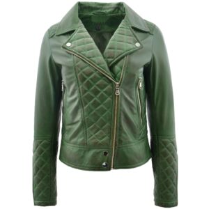 BUNERI Women’s Leather Biker Jacket with Quilt Detail Green