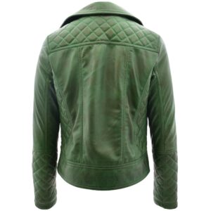 BUNERI Women’s Leather Biker Jacket with Quilt Detail Green