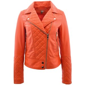 BUNERI Women’s Orange Quilted Leather Biker Jacket