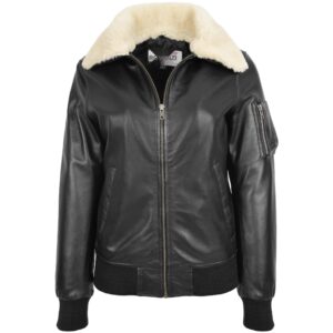 BUNERI Women’s Leather Bomber Jacket in Black with Removable Collar