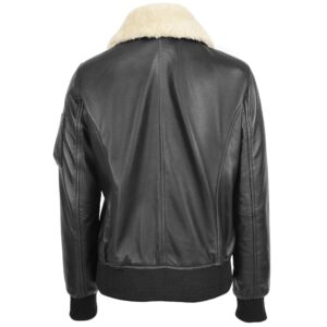 BUNERI Women’s Leather Bomber Jacket in Black with Removable Collar