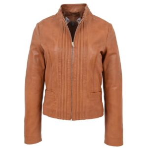 BUNERI Women’s Casual Tan Leather Standing Collar Jacket