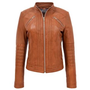 BUNERI Women’s Leather Classic Biker Style Jacket Tan