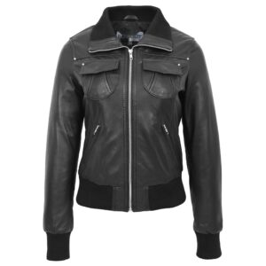 BUNERI Women’s Classic Leather Bomber Jacket