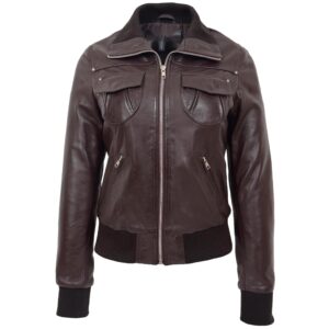 BUNERI Women’s Leather Classic Bomber Jacket Brown