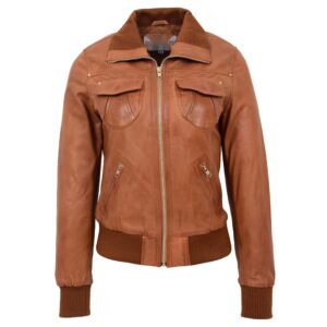 BUNERI Women’s Leather Classic Bomber Jacket Tan