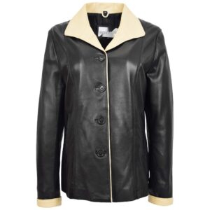 BUNERI Women’s Leather Classic Button Box Jacket Black Beige
