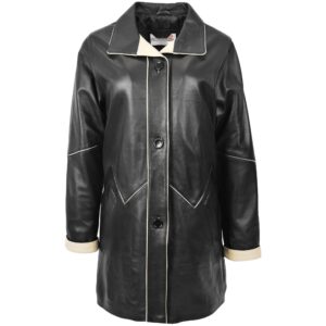 BUNERI Women’s Leather Coat 3/4 Length Classic Style Black Beige