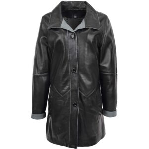 BUNERI Black Grey 3/4 Length Leather Coat Classic Style