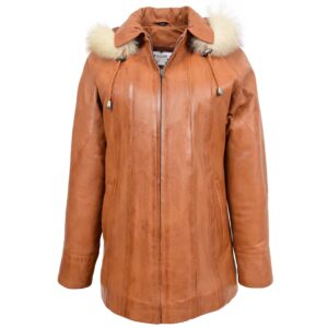 BUNERI Tan Leather Coat with Hoodie for Women