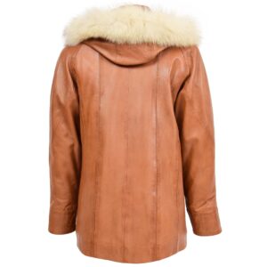 BUNERI Tan Leather Coat with Hoodie for Women