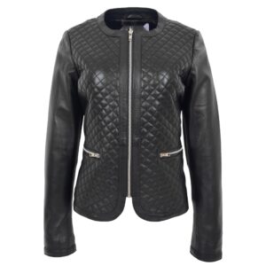 BUNERI Black Leather Collarless Quilted Jacket