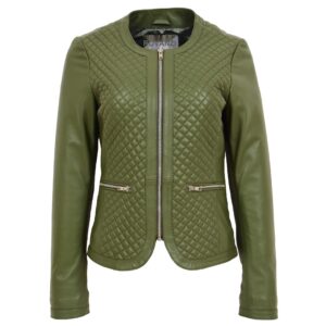 BUNERI Women’s Leather Collarless Jacket Quilt Design Olive Green