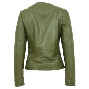 BUNERI Women’s Leather Collarless Jacket Quilt Design Olive Green