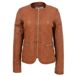 BUNERI Tan Leather Collarless Quilted Jacket