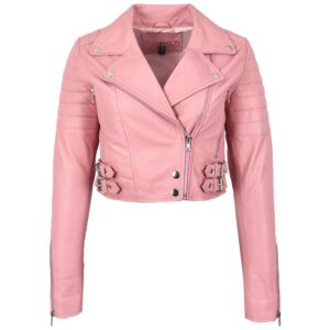 BUNERI Women’s Baby Pink Leather Cropped Biker Jacket