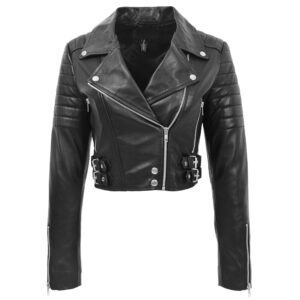 BUNERI Black Cropped Leather Biker Jacket Women