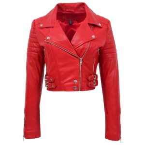 BUNERI Women’s Crimson Cropped Leather Biker Jacket
