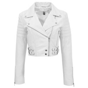 BUNERI Women’s White Cropped Leather Biker Jacket