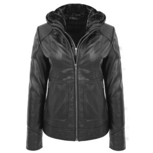 BUNERI Women’s Leather Coat with Detachable Hood Black