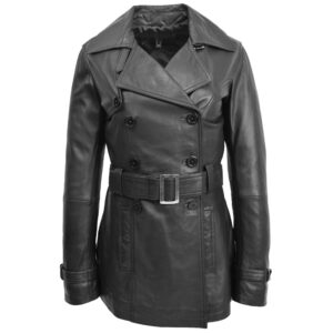 BUNERI Women’s Leather Double-Breasted Trench Coat Black