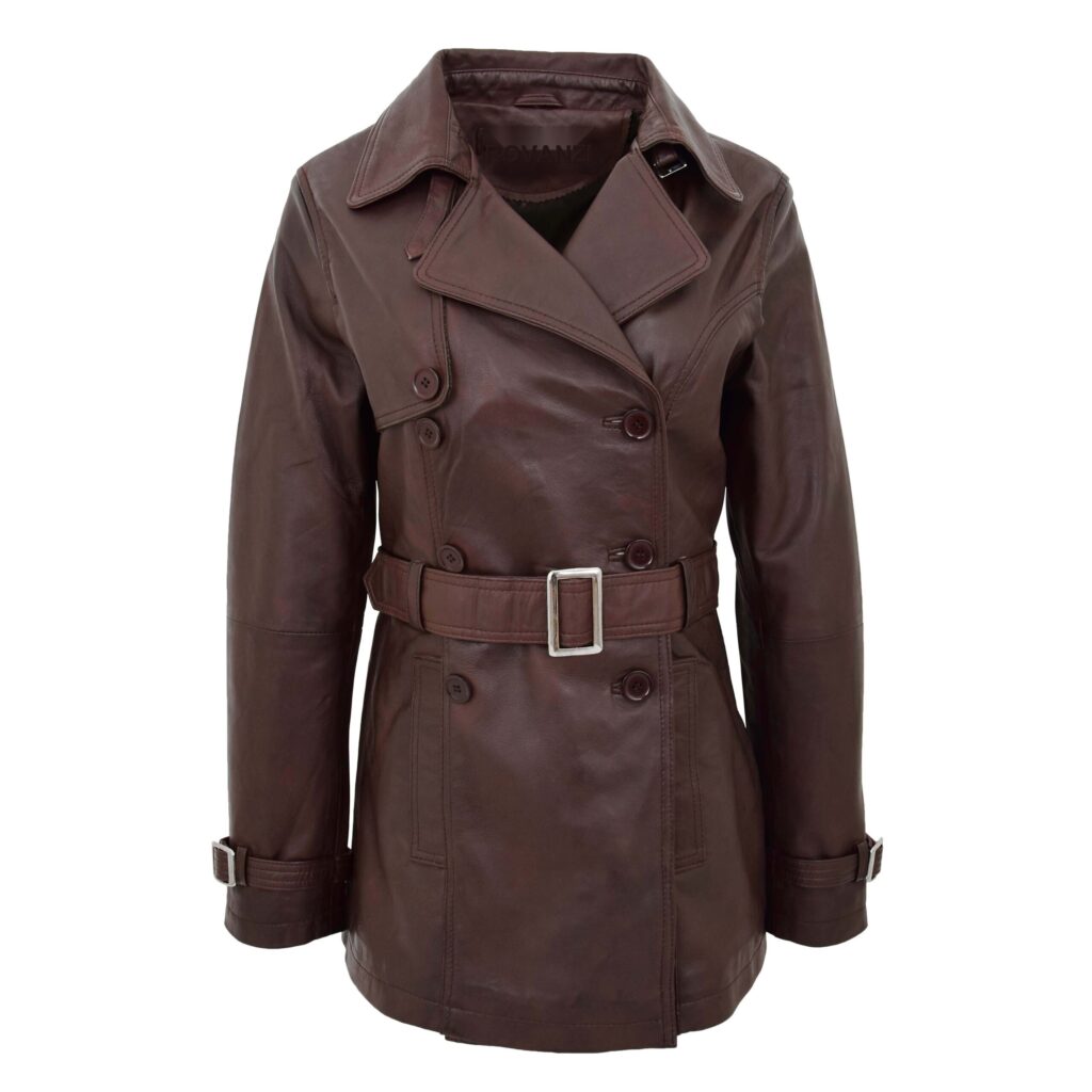 BUNERI Women's Leather Double Breasted Trench Coat Brown