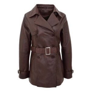 BUNERI Women’s Leather Double Breasted Trench Coat Brown