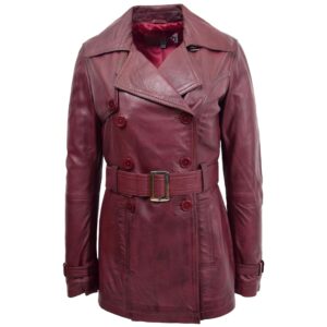BUNERI Women’s Burgundy Leather Double-Breasted Trench Coat