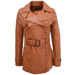BUNERI Women’s Tan Leather Double-Breasted Trench Coat