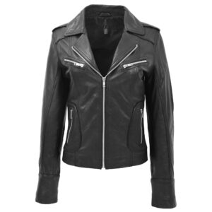 BUNERI Women’s Leather Fitted Biker Style Jacket Black