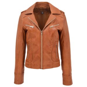 BUNERI Women’s Leather Fitted Biker Style Jacket Tan