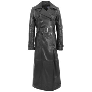 BUNERI Black Leather Full-Length Trench Coat