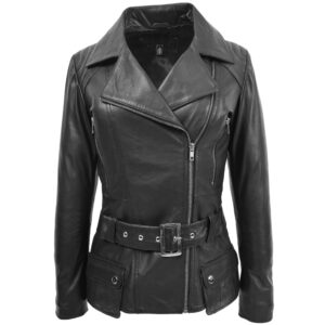 BUNERI Black Leather Hip-Length Biker Jacket
