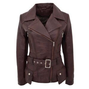 BUNERI Brown Leather Hip Length Biker Jacket
