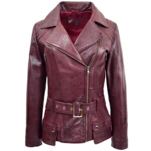 BUNERI Women’s Leather Hip Length Biker Jacket Burgundy