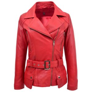 BUNERI Women’s Red Leather Hip Length Biker Jacket