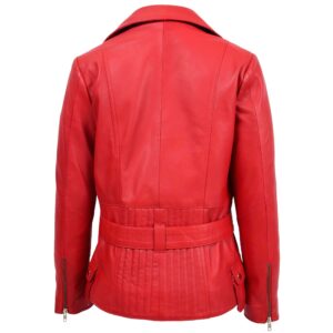 BUNERI Women’s Red Leather Hip Length Biker Jacket