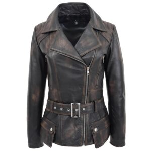 BUNERI Rub-Off Leather Hip-Length Biker Jacket