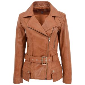 BUNERI Women’s Leather Hip-Length Biker Jacket Tan