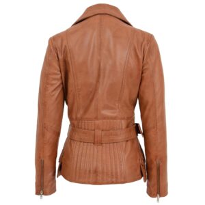 BUNERI Women’s Leather Hip-Length Biker Jacket Tan