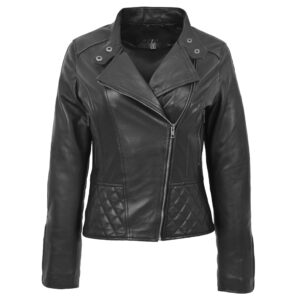 BUNERI Black Leather Stand Up Collar Biker Jacket