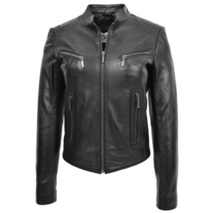 BUNERI Black Leather Standing Collar Jacket