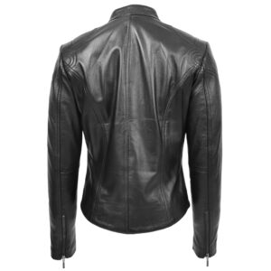 BUNERI Black Leather Standing Collar Jacket