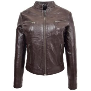 BUNERI Women’s Leather Standing Collar Jacket Brown