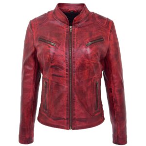 BUNERI Women’s Leather Standing Collar Jacket Burnt Red
