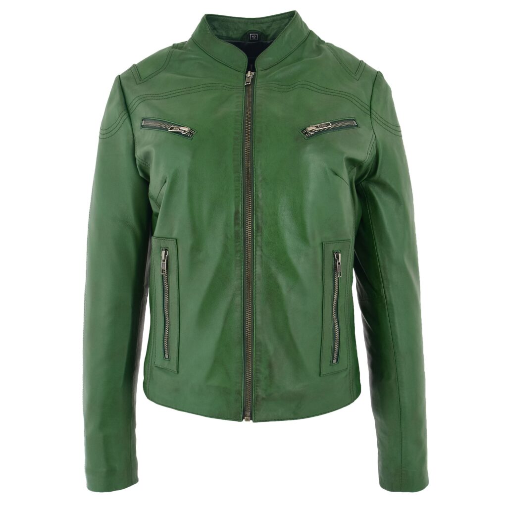 BUNERI Women's Green Leather Biker Jacket with Standing Collar