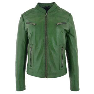BUNERI Women’s Green Leather Biker Jacket with Standing Collar